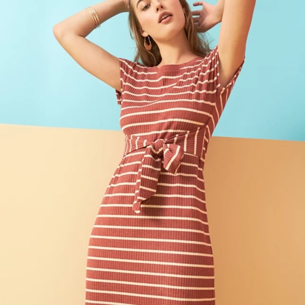 LOFT Petite M Stripe Ribbed Belted Midi Dress